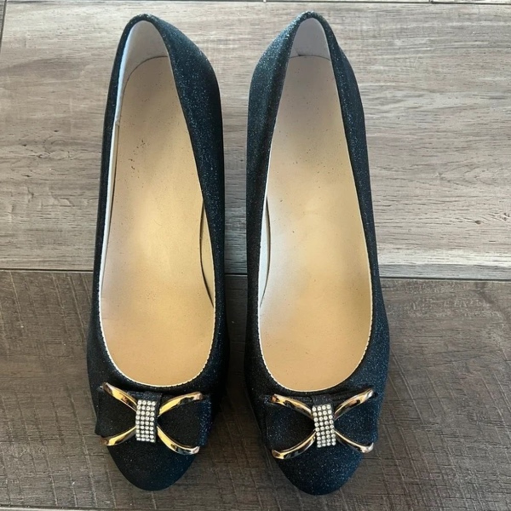 Chic Black Glitter Heels with Bow Detail
